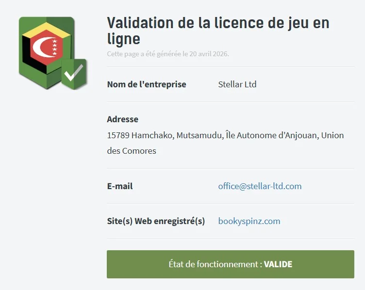 Bookyspinz Casino licencai